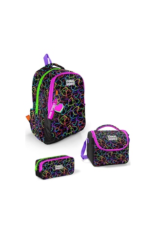Coral High Kids Çok Renkli Kalp Desenli 3 Lü Okul Çanta Seti Set0123670 Siyah