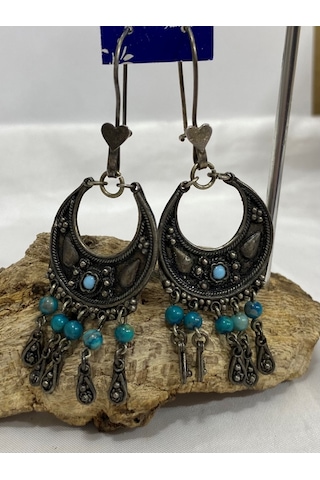 Gümüş Mavi Taşlı Otantik Kadın Küpesi Gümüş