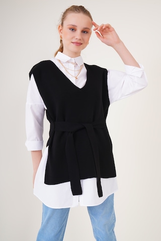 Bigdart 15760 Kuşaklı Triko Süveter - Siyah 001