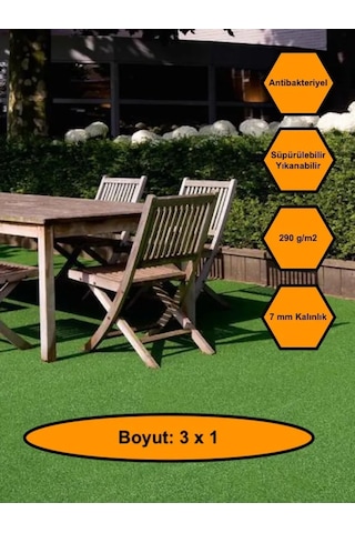 3x1 Metre Yapay Çim Halı, Lastik Taban, Yeşil Suni Halı, 7 Mm Kalınlığında 300 X 100