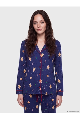 Lcw Dream Lacivert Gömlek Yaka Desenli Kadın Pijama Takımı