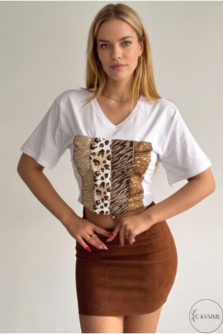 Cassime Kadın Leopar Desenli %100 Pamuk Büyük Beden Beyaz T-shirt