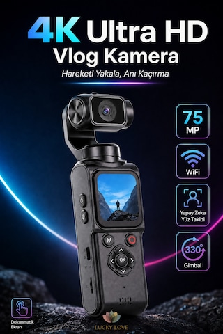 4k Ultra Hd Vlog Kamera 75mp Wifi Yapay Zeka Yüz Takipli 330 Gimbal 1.7 Dokunmatik Ekran 64gb Hafıza Kartlı