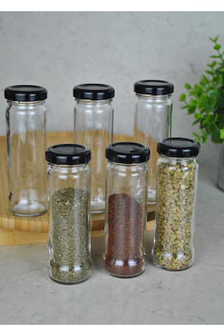 6 Adet 105 Ml Metal Siyah Kapaklı 105 Cc Şeffaf Uzun Cam Kavanoz