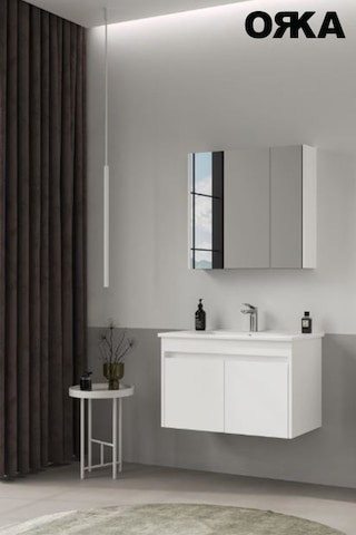 Modern Orka Side 65 Cm Mat Beyaz Kapaklı Lavabo Ve Ayna Takımı Suya Dayanıklı Mdflam Beyaz