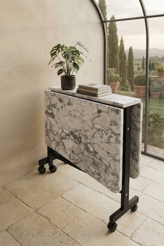 Çok Amaçlı Açılır Katlanır Ahşap Kelebek Masa Beyaz Mermer 60x120