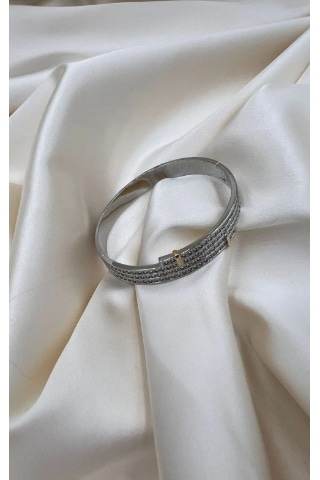 Bb İthal Dört Sıra Taş Kelepçe Bilezik Gümüş