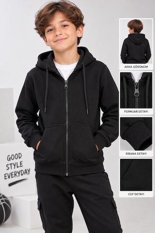Uğur Bebe 3 İplik Şardonsuz Siyah Kapüşonlu Fermuarlı Hırka Cepli, Ayarlanabilir Bağcıklı, Okul Ve Günlük Kullanım Çocuk Sweatshirt Siyah Siyah