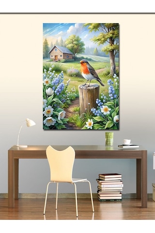 Kanvas Tablo Kırmızı Kuş Ve Çiçekler 70cmx100cm