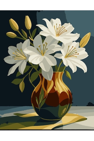 Denic Sayılarla Boyama Seti 40x50 Cm (Çıtalı) Fırça Boya Dahil Numaralı Tuval Çini Vazo Beyaz Sümbül