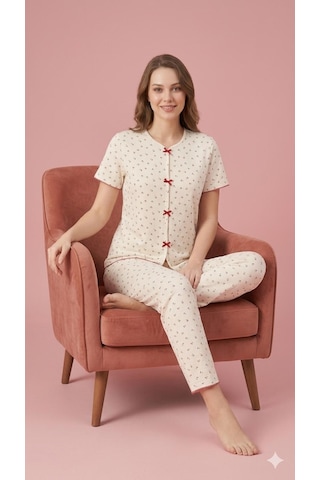 Sleeproom Yazlık Ekru Kiraz Desenli Kısa Kol Penye %100 Pamuk Pijama Takım