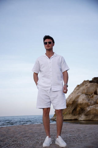 Beyaz Renk Gömlek Şort Erkek Keten Takım-1765 Beyaz