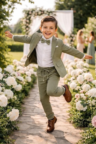 Baby Kids Colors Erkek Çocuk Flamlı Keten Salaş Ceketli Takım Elbise / Gömlek Pantolon Ceket Papyon Keten Takım Yeşil