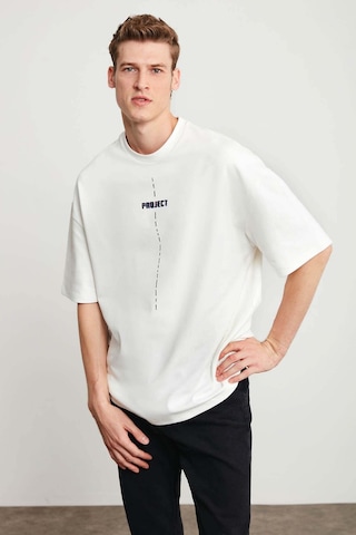 Grimelange Project Erkek Baskı Detaylı Oversize Fit %100 Organik Pamuk Örme Bisiklet Yaka Örme Beyaz T-shirt