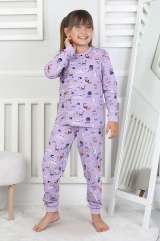 Uzun Kollu Cute Cat Desenli Kız Çocuk Pijama Takımı Mor