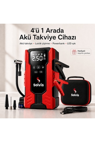 Solvis 4'ü 1 Arada 12v Akıllı Akü Takviye Cihazı, Lastik Şişirme Pompası, Powerbank Ve Led Aydınlatma Çanta Hediyeli