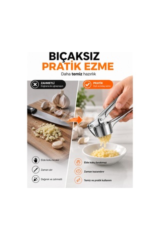 Paslanmaz Çelik Sarımsak Ezici Pres Ergonomik Saplı Sarımsak Rendesi Mutfak Aparatı Gri