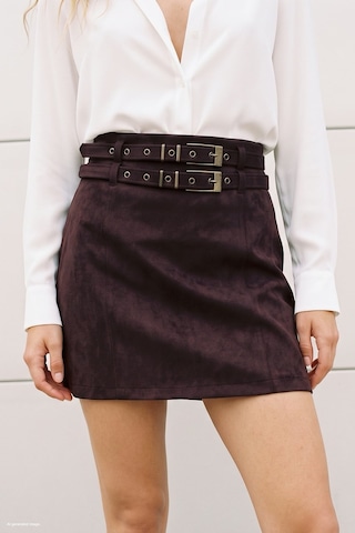 Sateen Süet Çift Kemerli Mini Etek - Bordo-137996