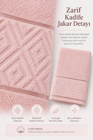 El Yüz Havlusu 50x90 Cm %100 Pamuk Kısmi Kadife Jakar Nova Collection Pembe