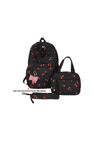 Maxaccess 3 Parça Sırt Çantası Seti Kiraz Desenli Okul Çantası + El Çantası + Kalem Kutusu Siyah