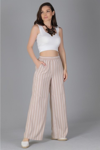 Sweetness Kadın Bej Çizgili Bol Paça Beli Lastikli Pantolon Bej