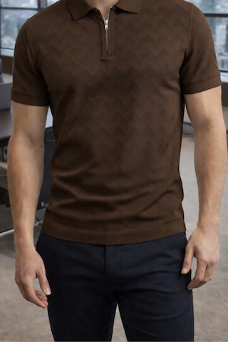 Erkek Slim Fit Fermuarlı Polo Yaka Triko Tişört Kahverengi