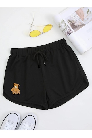 Siyah Ayıcık Bermuda Penye Şort - Kordonlu Baskılı Siyah
