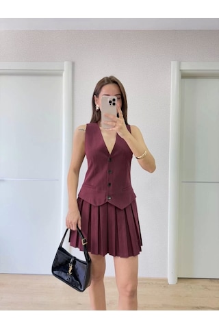 Keten Takım Görünümlü Düğme Detaylı Yelekli Mini Elbise - Bordo Bordo