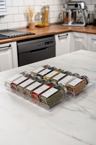 12'li Şeffaf-pleksi Standlı Cam Baharatlık Seti Gümüş Kapaklı Beyaz Etiketli Baharatlık-mh02slvr12 Beyaz - Şeffaf