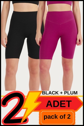 Kadın Yüksek Bel Toparlayıcı Kısa Siyah &mürdüm Şort Tayt 2'li Paket Lycralı Biker Shorts 21077 Siyah - Mürdüm