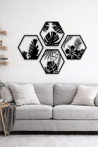 Hexaleaf Tropikal Yaprak Desenli Altıgen Ahşap Duvar Dekoru