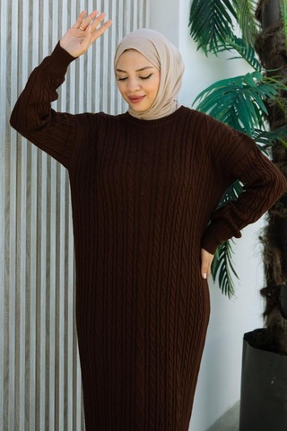 Brc2440kahve-bisiklet Yaka Örme Triko Elbise Kahve