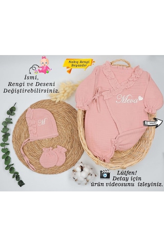 Gros Shop %100 Pamuk Organik 4 Katlı Müslin Kumaş 3'lü Hastane Çıkış Seti Kişiye Özgü İsimli Nakış Desenli Çok Renkli