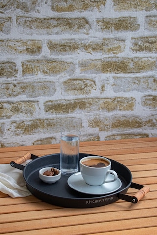 2'li Ahşap Kulplu 45 Cm Siyah Metal Tepsi Ve 30 Cm Siyah Tepsi Çay Kahve Sunum Tepsisi Siyah