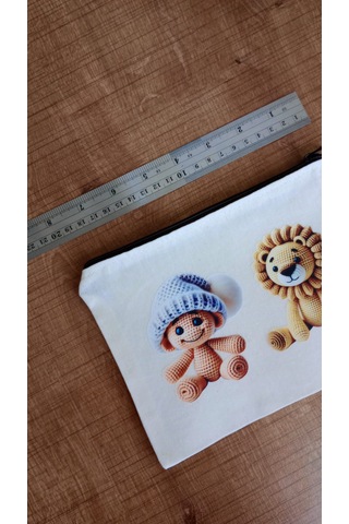 Wisheratelier Sevimli Örme Baskı Detaylı Clutch Bez Çanta Krem.karışık Renkli Desenli
