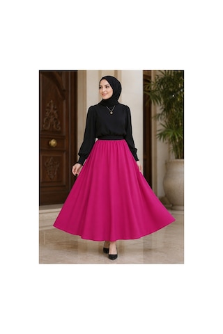 Elmoda Kadın Tam Daire Tesettür Saten Mevlana Etek Pembe Pembe