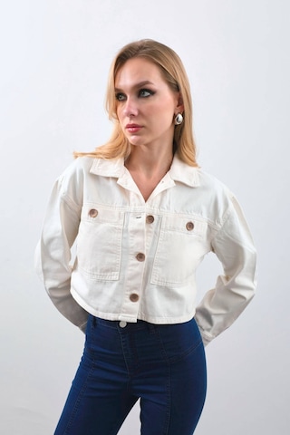 Kadın Ekru Crop Kesim Jean Ceket ekru