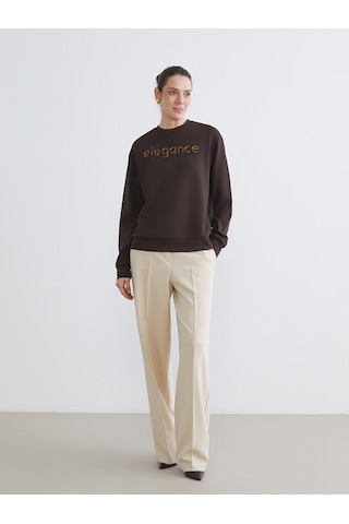 Lcw Everyday Kahverengi Bisiklet Yaka Taşlı Kadın Sweatshirt