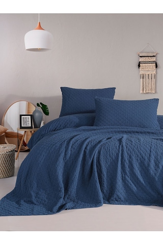Cambridge Yatak Örtüsü Seti Çift Kişilik Koyu Mavi Kutulu Mavi