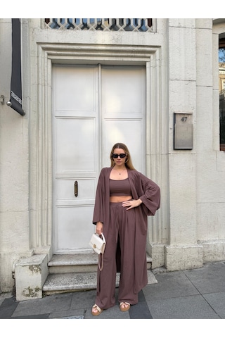 Bonacosa Kadın Viskon 3 Lü Takım Kimono + Beli Lastikli Salaş Pantolon + Crop 8 Renk Kahverengi