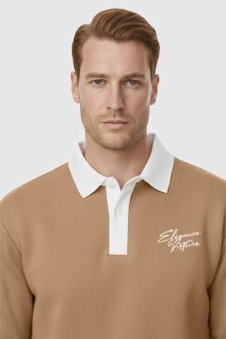 Rizzup Erkek Camel Relax Fit İçi Polarlı Polo Yaka Sweatshirt Pamuklu Kalın Sweatshirt 2600762