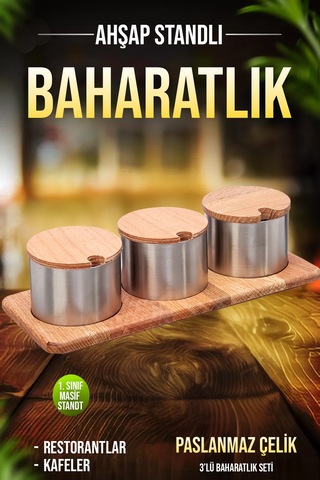 3'lü Paslanmaz Çelik Baharatlık Şekerlik Ahşap Stantlı Kafe Restorant Baharatlık Diğer
