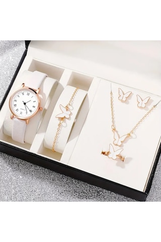 Kadın Saat Ve Bileklik+kolye+küpe+yüzük Seti 6 Parça Altın - Beyaz