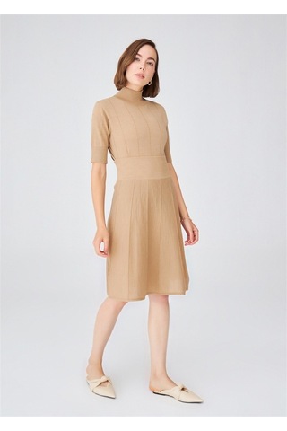 Peraluna Çizgili Yüksek Bel Bol Kesim Triko Etek Camel Melanj Camel