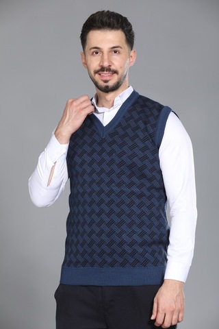 Kzc Tekstil Erkek Baba Ve Orta Yaş Desenli Akrilik Kalın Dokulu V Yaka Triko Süveter Mavi