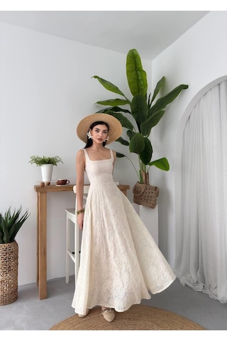 Nils Butik Krem Dantel Dokulu Salaş Maxi Elbise-nişan-nikah-mezuniyet-özel Davet Açık Bej