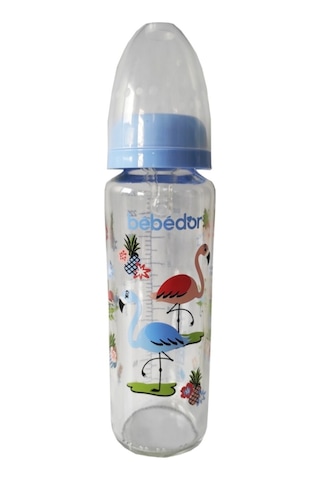 Bebedor Desenli Silikon Emzikli Orta Akış Cam Biberon Mavi 250 ML 31302