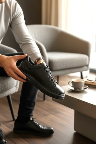 Enoch Hakiki Deri Siyah Günlük Bağcıklı Erkek Sneaker Comfort Taban Ayakkabı Siyah