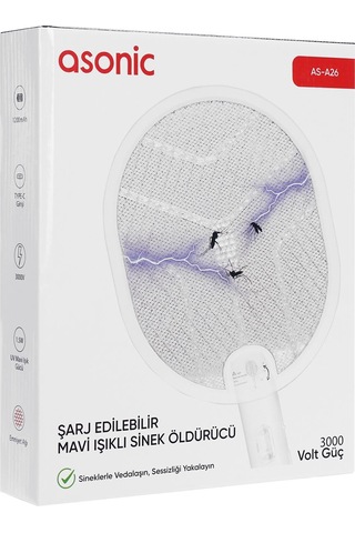 Asonic As-a26 Beyaz 1200mah 3000v Çıkış Uv Işıklı Şarjli Katlanabilir Askılı Sinek Öldürücü