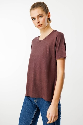 Kadın Sıfır Yaka Flamlı Kumaş Penye Tshirt Kahve Kahve